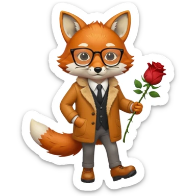a fox with glasses, walking with shoes on and raining on him, also a dead rose in his hands and he's sad sticker