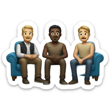 three men sitting on a couch together sticker