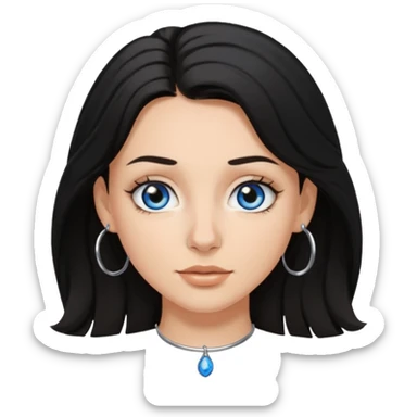 White Girl with black shoulder length hair slightly curly, has a tan, blue eyes, nose ring hoop sticker