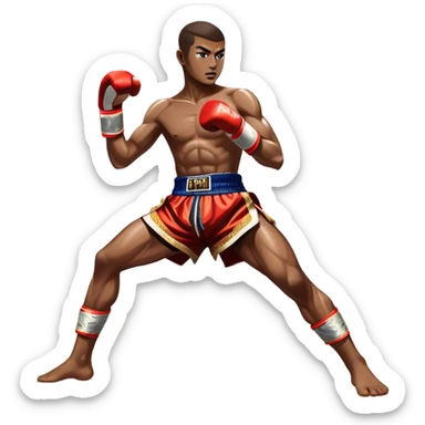 Muay Thai traditional – Cinematic Realistic Traditional Muay Thai Fighter, depicted in authentic Muay Thai attire with arm bands and shorts, poised in a dynamic fighting stance in a traditional Thai stadium, rendered with vivid textures and dramatic, high-contrast lighting that accentuates the art’s intensity. sticker
