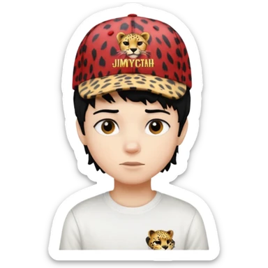 Boy with black hair and a cap that has the phrase #jimmy written on it with cheetah print texture, and white shirt emoji emo sticker