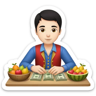 hombre piel clara pelo negro con ropa de frutero sentado en una mesa contando mucho dinero sticker