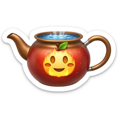 Ultra detailed 3D Apple-style emoji of a small pot or kettle filled with water placed on fire, the water is boiling intensely with visible steam and bubbles rising, bright lighting, clean white background, high-quality realistic emoji rendering. sticker