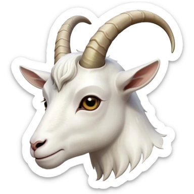 Cinematic Noble White Goat Portrait Emoji, Poised and regal, with a sturdy, agile build and a pristine, smooth white coat accented by gracefully curved horns, deep-set soulful dark eyes, Simplified yet sharp and sophisticated features, highly detailed, glowing with a soft, dignified glow, high shine, intelligent and spirited, stylized with an air of pastoral elegance, focused and attentive, soft glowing outline, capturing the essence of a watchful and confident goat, so majestic it feels as though it could leap out of the screen with effortless authority! sticker