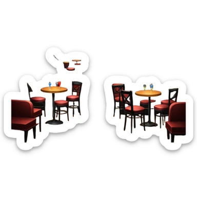 inside of a jazz nightclub, stage with microphone, dim lighting, small tables, cozy atmosphere sticker