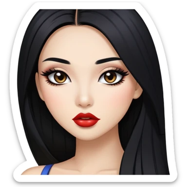 baddie with Asian and Latina features, long straight black hair, glamour makeup, white skin sticker