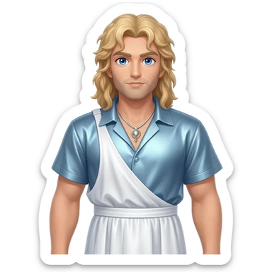 Zeus from Greek Mythology with blue eyes, long blonde hair, light steel blue metallic shirt, white metallic baggy dress pants, silver necklace sticker