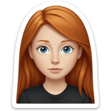 Ginger head woman with long hair and lightblue eyes, straight nose, almond eyes, black shirt,  sticker