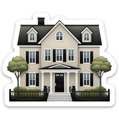 greige colonial house with black shutters and black front door and black railings. sticker