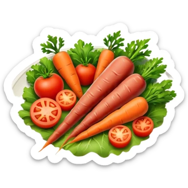 a plate of food with meat and vegetable and carot and tomato sticker