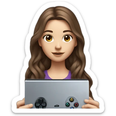 Caucasian Girl with long Brown hair holding the back of a playstation 4 controller looking at a screen sticker