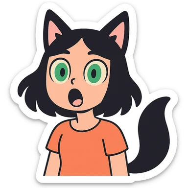a surprised girl with huge green eyes, black fox ears, and a tail, dark hair sticker