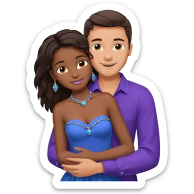 Tan tall brunette European male in blue shirt smiling and hugging a jet black African girl in purple strapless dress and blue jewelry they are on a beach with blue ocean water and palm trees sticker