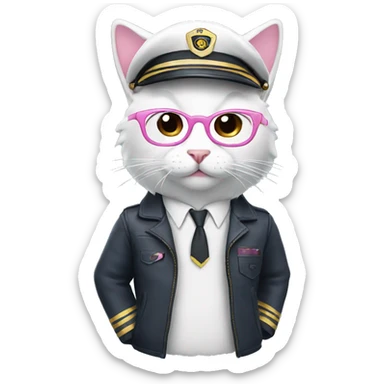 White and pink cat with glasses pilot sticker