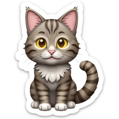 cinematic-[grey brown tabby cat]-realistic-emoji,-tail-curled-playfully-around-its-paws,-head-tilted-dramatically,-scruffy-[grey]-fur,-simplified-yet-realistic-focused-features,-highly-detailed,-glowing-with-an-almost-sarcastic-glow sticker