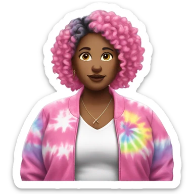 Pretty Plus size black woman with pink curly hair and a tie dye jacket  sticker