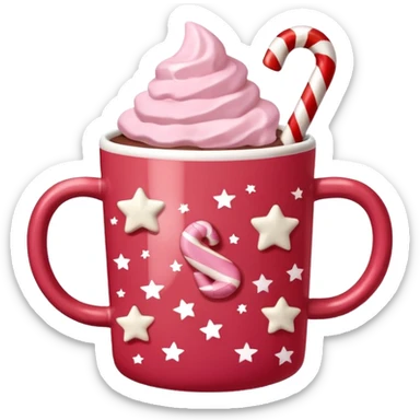 hot chocolate in red and pink pastel christmas mug with stars and candy cane, trendy aesthetic sticker