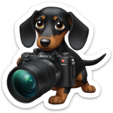 a black dachshund dog holds a SONY camera in its paws sticker