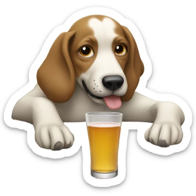 A dog drinking with a Stanley  sticker