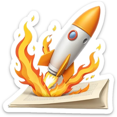 Rocket launching from stack of papers, fire trail, minimal flat design sticker
