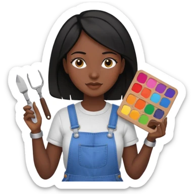 Créame emoji de una mujer que sea diseñadora industrial, pelo negra, piel morena, femenina con overol y una paleta de colores o herramientas de taller piel oscura chocolate  sticker