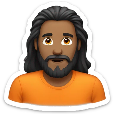 Guy in orange T-shirt with long black hair and a beard sticker