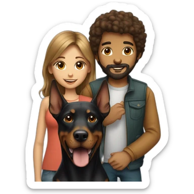 A boy with beard and with a beautiful girl playing with a boy Doberman dog sticker