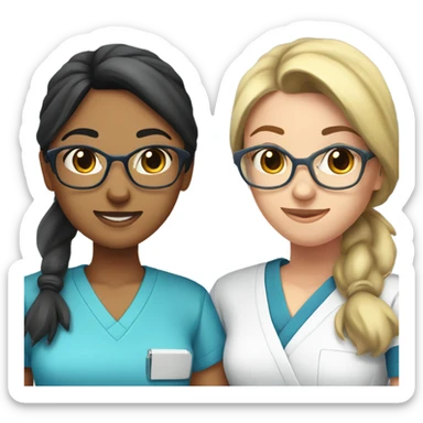 Two olive-toned Best friend nurses in blue scrubs. one girl has glasses with black hair in a pony tail. The other girl has long hair but no glasses sticker