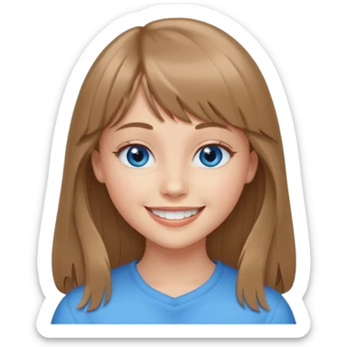 young female with heart shaped face, blue eyes, light brown long hair with bangs, smiling with straight teeth sticker
