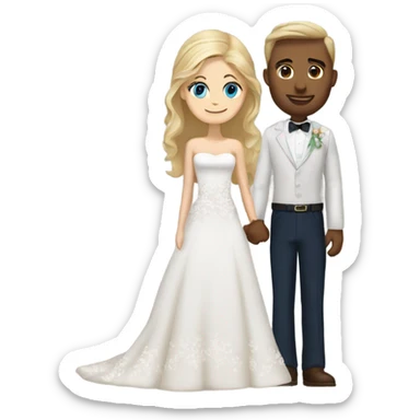 Pretty blonde hair and blue eyed bride holding hands with brown haired brown eyed groom sticker