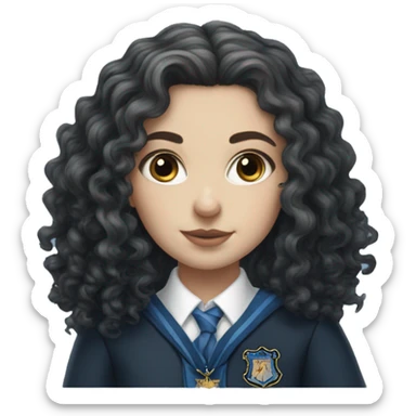 Hyper realistic White girl with long black curly hair wearing a ravenclaw school inform sticker