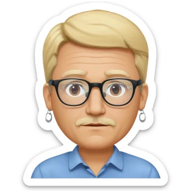 blond middle aged man wearing  big earrings, wearing glassess, with no beard sticker