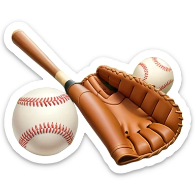 A baseball bat, ball, and glove placed on the grass of a baseball field, with the diamond and base lines clearly visible in the background. The scene captures the essence of the sport, with the equipment ready for action on the neatly marked field. sticker