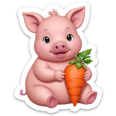 Baby Sitting Piglet – chubby piglet sitting down holding a toy carrot sticker