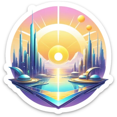 Epic complex detailed iridescent gradients white golden bright light solarpunk sunny futuristic aesthetic-scenery sticker