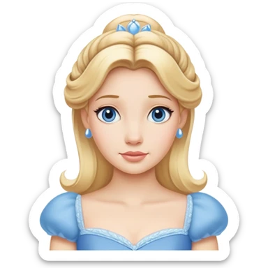 extremely minimal Cinderella from hips up, simple blue dress shape, basic blonde hair outline, few facial details, ultra simplified sticker