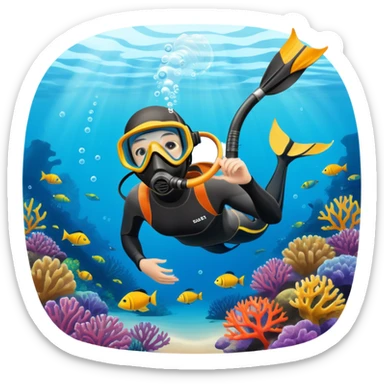 An icon featuring a close-up of a freediving mask and snorkel, with a breath-holding diver's fins, set against a vibrant underwater world. The design includes coral reefs, fish, and bubbles, symbolizing the serene beauty and thrill of freediving. Transparent background highlights the calm sticker