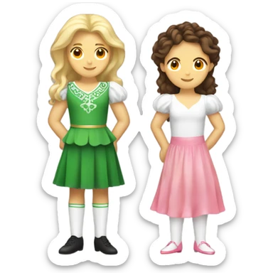 a blonde Irish dancer with a pink dress and a brunette Irish dancer with a white and orange dress  sticker