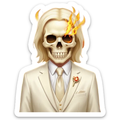 aesthetic shiny glowing divine lighting - Megadeth icon - a politician in an ivory ethereal suit wears a white tie, has a skull instead of a head, and instead of glasses, burns in fire sticker