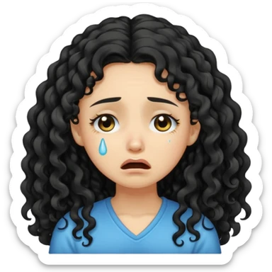A light skinned girl with long black curly hair crying sticker