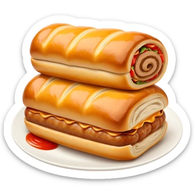 cinematic-realistic-sausage-roll-dish-emoji,-depicted-with-a-crisp,-golden-pastry-wrapped-around-flavorful-sausage,with a squeeze of tomatoe sauce on top sticker