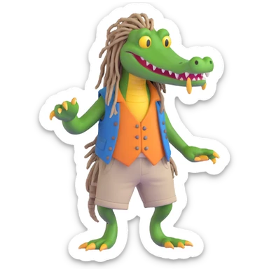 3D cartoon Rasta alligator, wearing a vest and shorts, with long dreadlocks, lively and expressive sticker