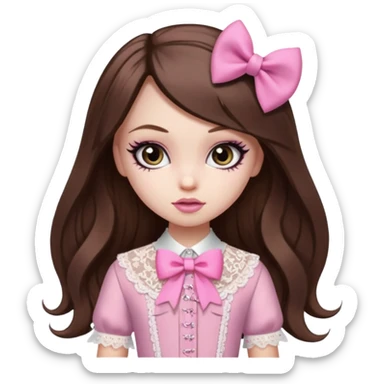 pretty, brown long hair, pale skin, eyeliner, pink bow, lace clothes, bratz baddie sticker