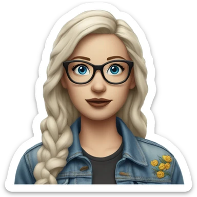 Create a Hyper Realistic pale beautiful tattooed 3D woman with glasses and blue eyes wearing denim jacket sticker