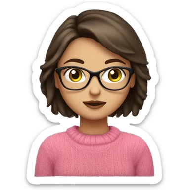 brunette green eyed girl with glasses shrugging with pink sweater  sticker