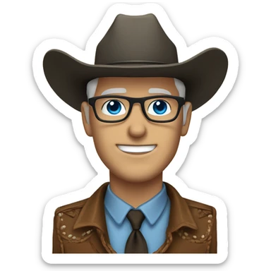 White man with glasses, cowboy hat, blue eyes, and bolo tie sticker