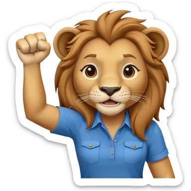 friendly anthropomorphised female lion in a shirt and pants with fist raised, energetic pose sticker