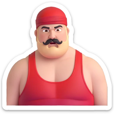 Close-up of extremely fat white skin guy with young face, beard and mustache, no muscle with prominent black durag, black eyes in a red and black wrestling singlet with angry face sticker