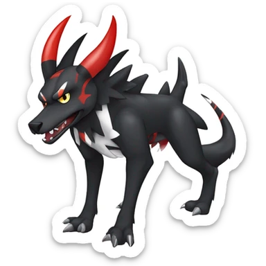 Black Cool Edgy Nargacuga-Houndoom-Garchomp Fakémon Digimon with Red and white Edgy markings, full body, outlined, sharp line Art sticker