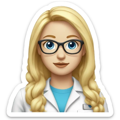 young woman with white skin, blonde shot straight hair, blue eyes with glasses wearing biology suit sticker